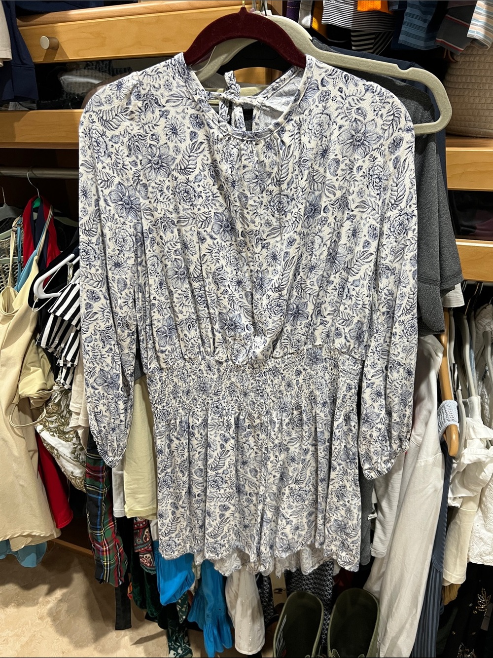 Splendid Blue Floral Smocked Waist Tie-Back romper